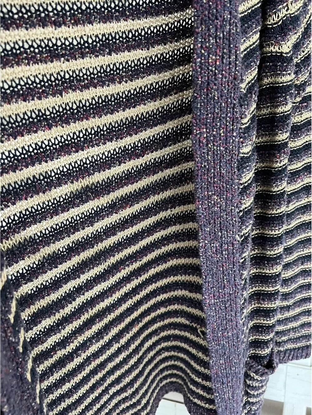 Lucky Brand Striped Pockets Long Cardigan Sweater  Purple Cream Size M.